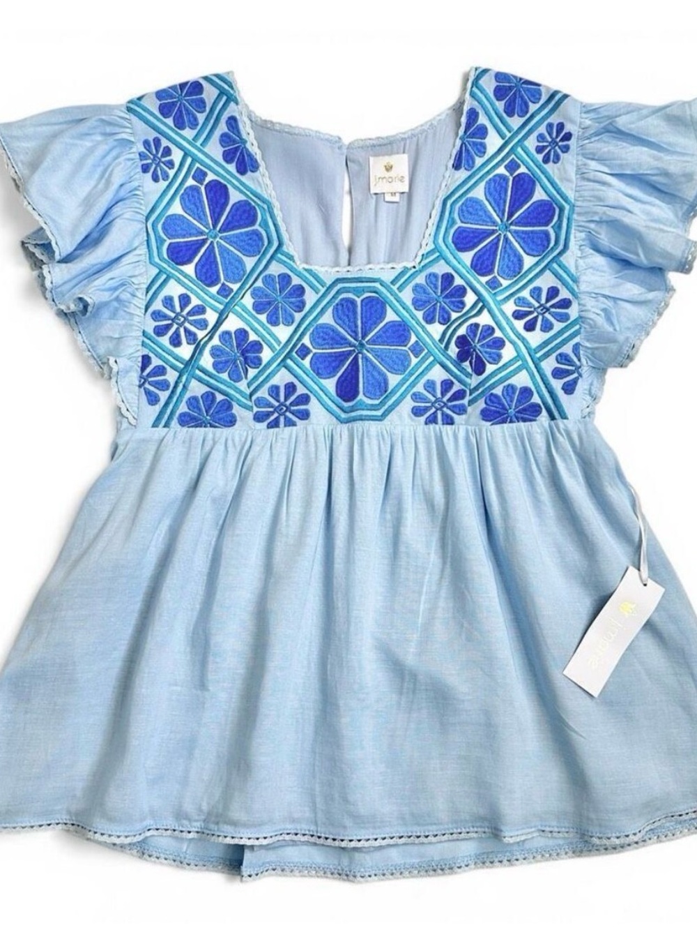 J.Marie Embroidered Flutter Sleeve Top - Light Blue NWT Medium - Picture 6 of 14